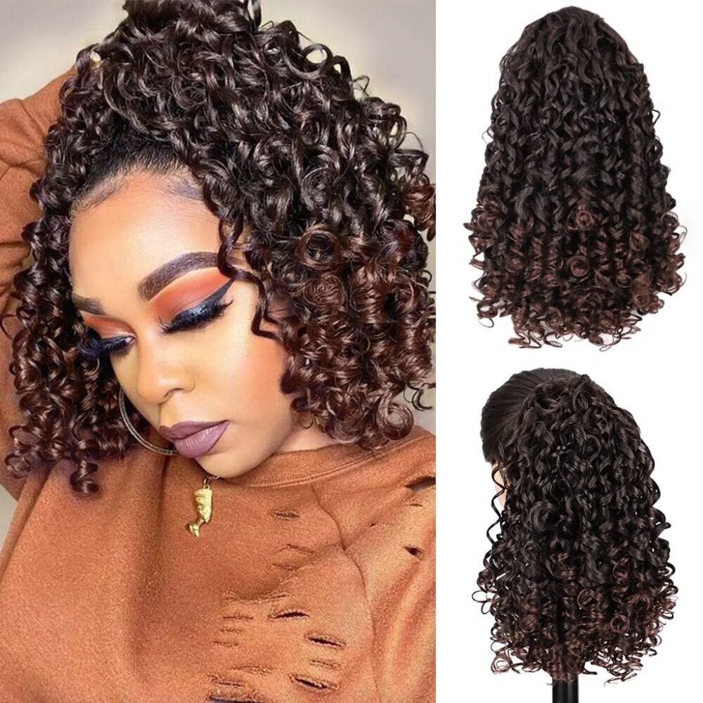 Curly Ponytail Extension Synthetic Dark Auburn Drawstring Hairpiece for Black Wo